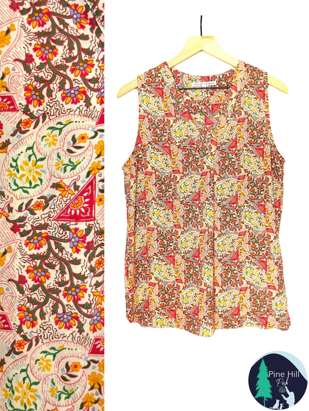 Violet + Claire Womens Large Boho Blouse Paisley Floral Sleeveless V-Neck Top